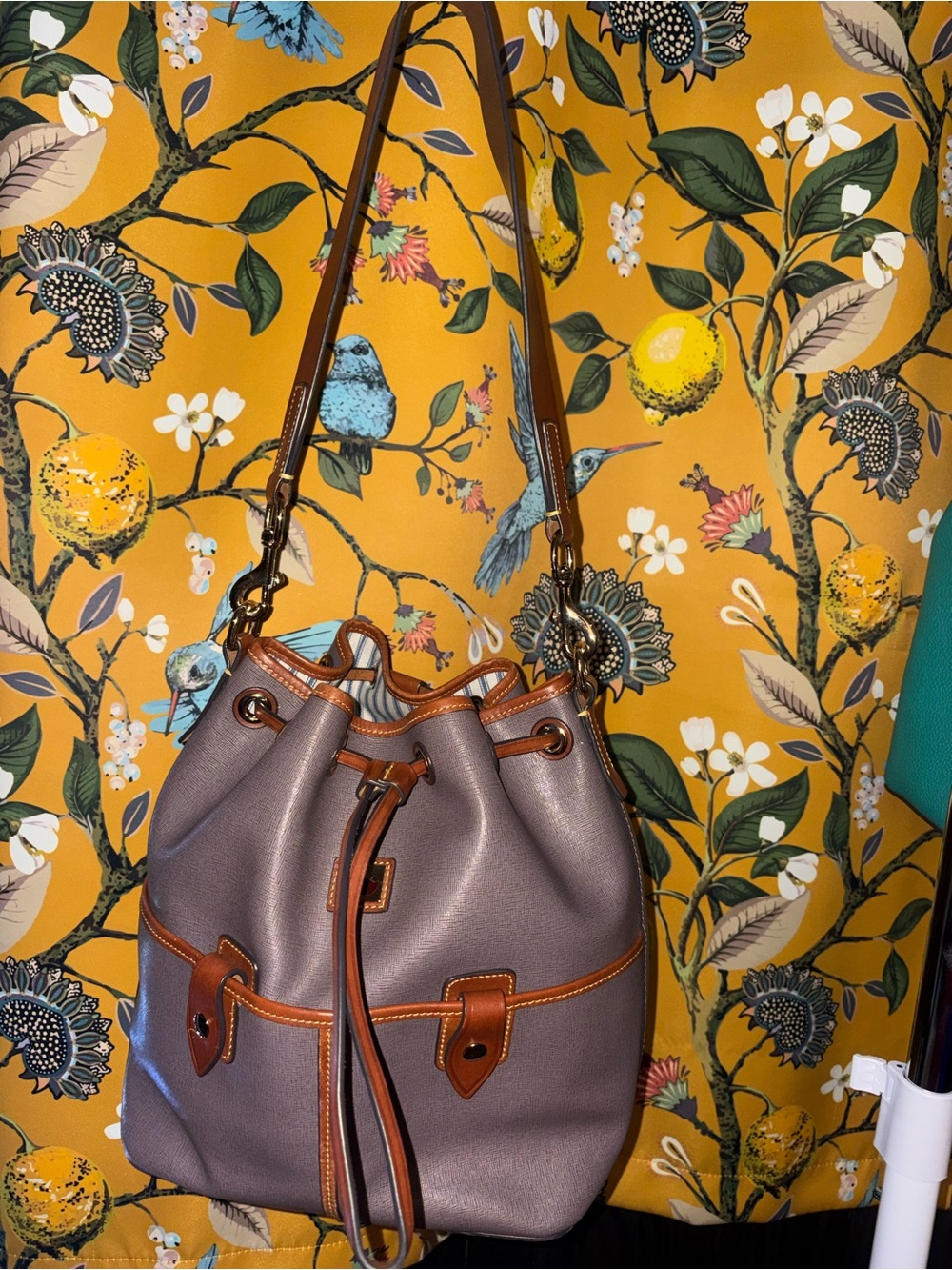 Dooney And Bourke Elephant Gray Saffiano Camden Drawstring Bucket Purse